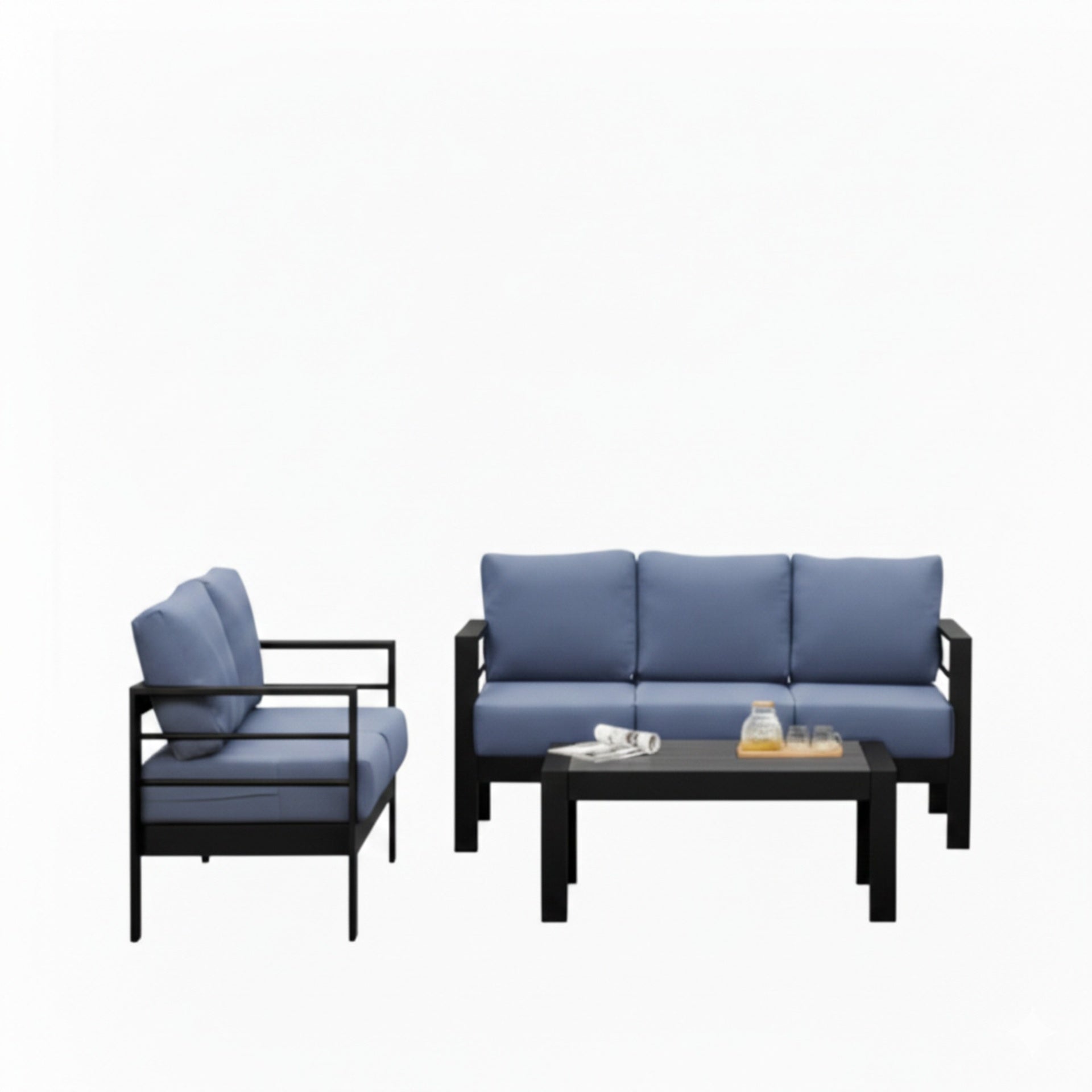 3-Piece Modern Aluminum Patio Conversation Set, 5-Seat Outdoor Sofa with  Thick Blue Cushions & Black Frame and Coffee Table
