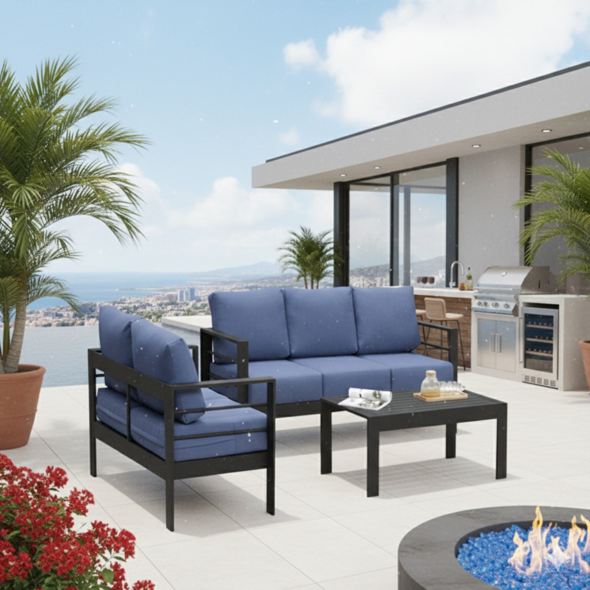 3-Piece Modern Aluminum Patio Conversation Set, 5-Seat Outdoor Sofa with  Thick Blue Cushions & Black Frame and Coffee Table