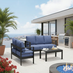 3-Piece Modern Aluminum Patio Conversation Set, 5-Seat Outdoor Sofa with  Thick Blue Cushions & Black Frame and Coffee Table