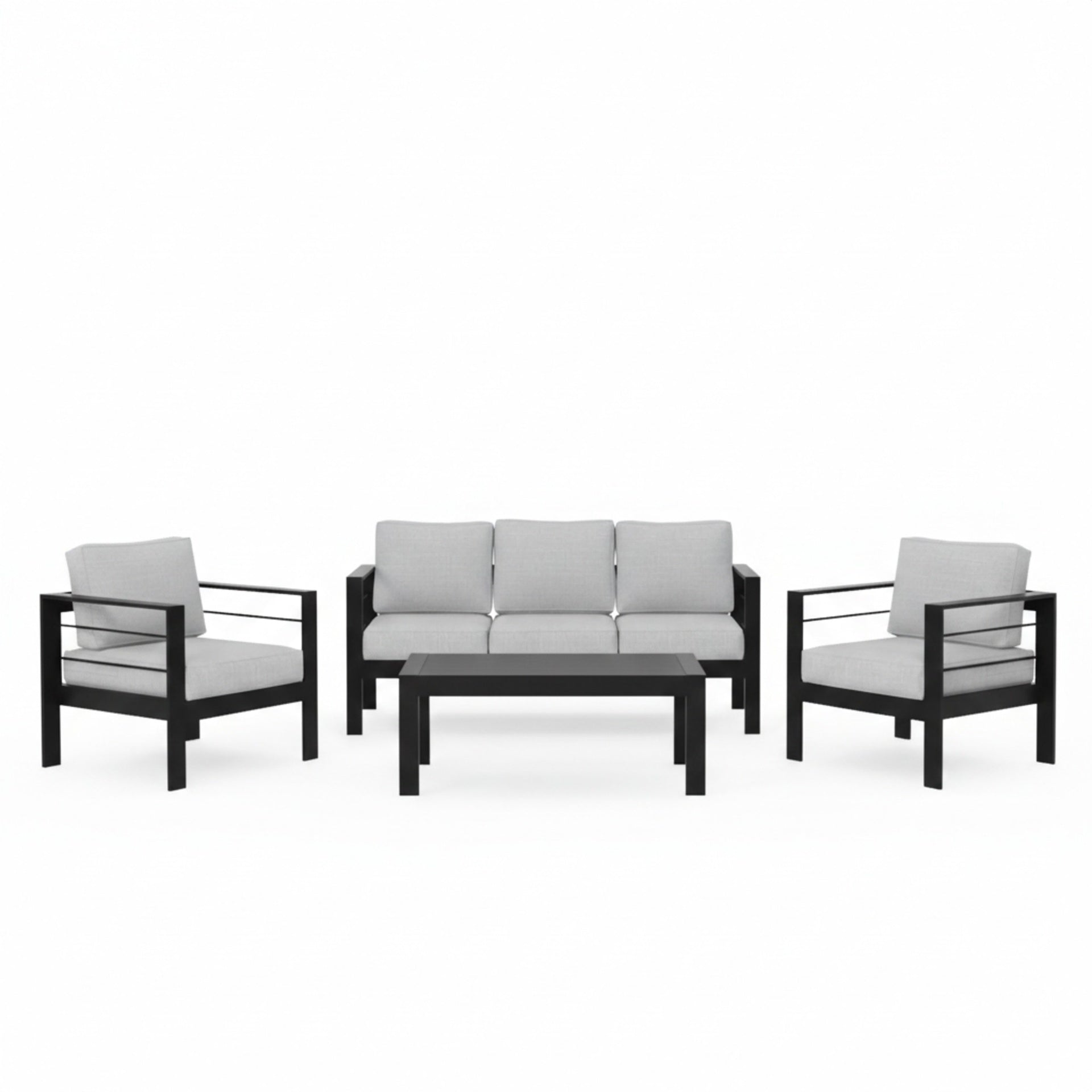4-Piece Modern Aluminum Patio Conversation Set,  5-Seat Outdoor Sofa with  Thick Light Gray Cushions & Black Frame and Coffee Table