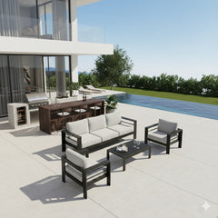 4-Piece Modern Aluminum Patio Conversation Set,  5-Seat Outdoor Sofa with  Thick Light Gray Cushions & Black Frame and Coffee Table