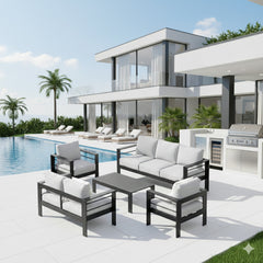 5-Piece Modern Aluminum Patio Conversation Set,  7-Seat Outdoor Sofa with  Thick light Gray Cushions & Black Frame and Coffee Table