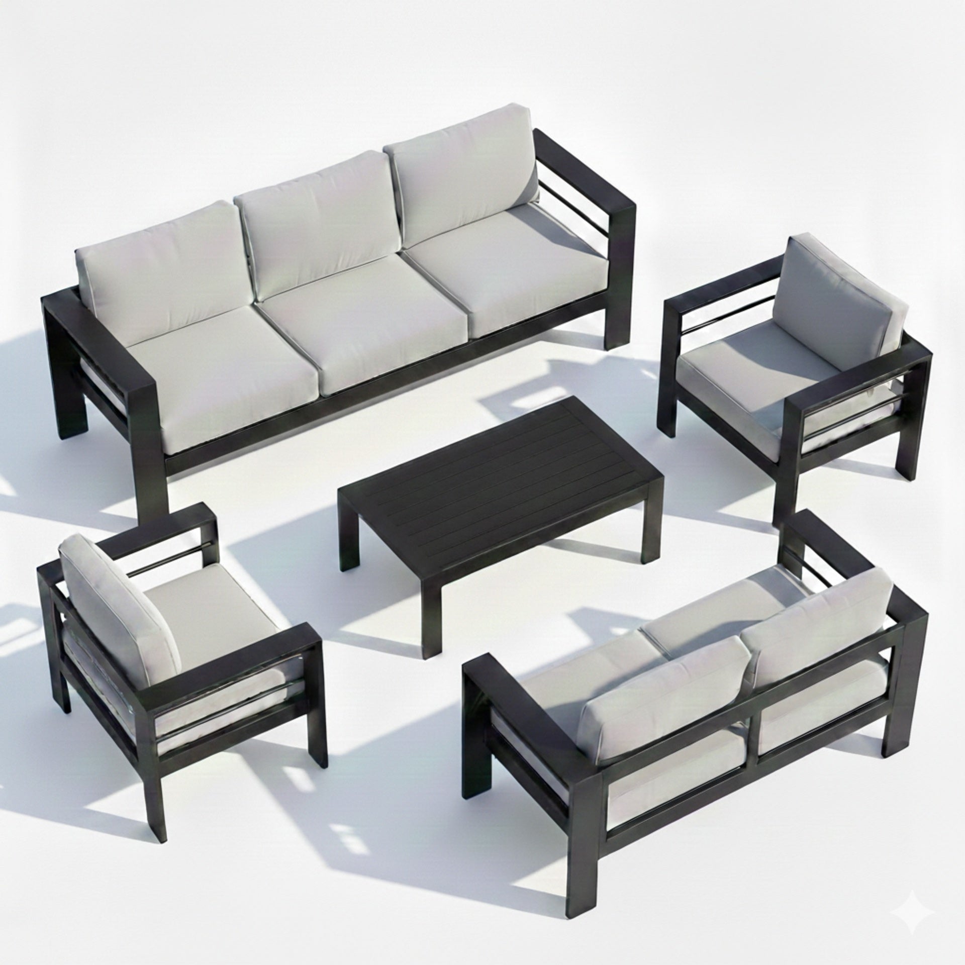5-Piece Modern Aluminum Patio Conversation Set,  7-Seat Outdoor Sofa with  Thick light Gray Cushions & Black Frame and Coffee Table