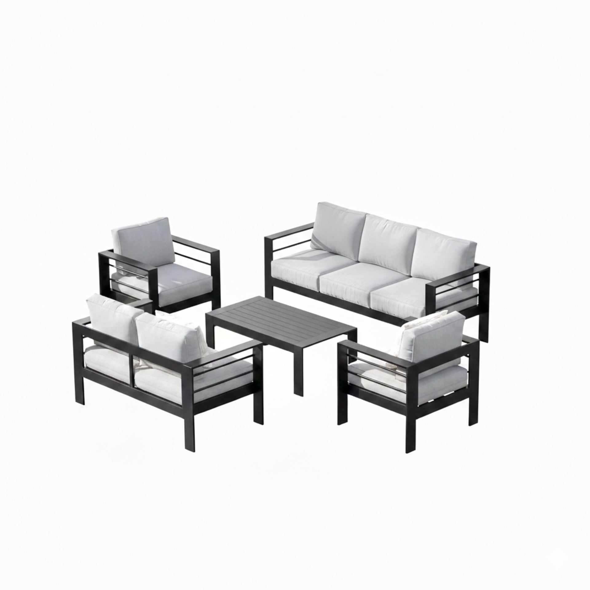 5-Piece Modern Aluminum Patio Conversation Set,  7-Seat Outdoor Sofa with  Thick light Gray Cushions & Black Frame and Coffee Table
