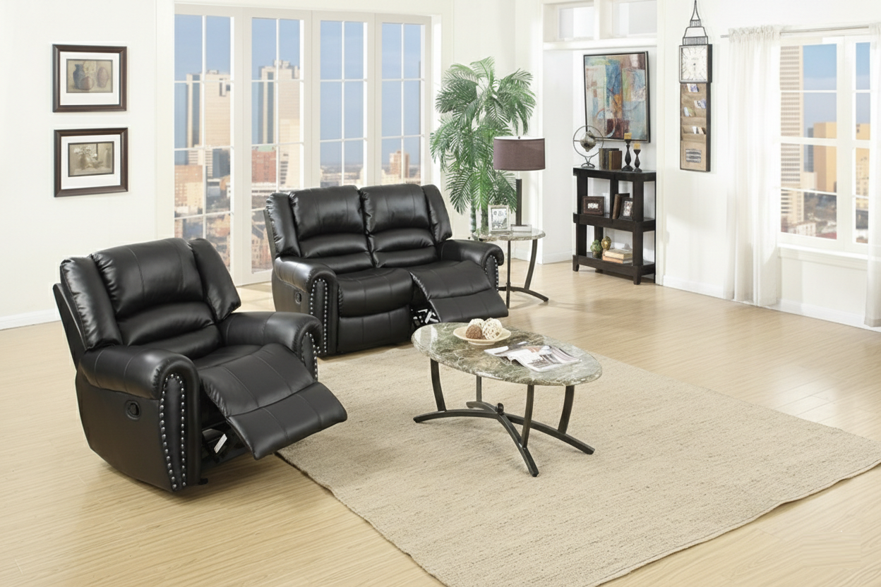 Modern 2pc Living Room Set 1x Loveseat 1x Recliner Cushion Backrest Nailhead Trim Black Finish Primary Living Room Furniture