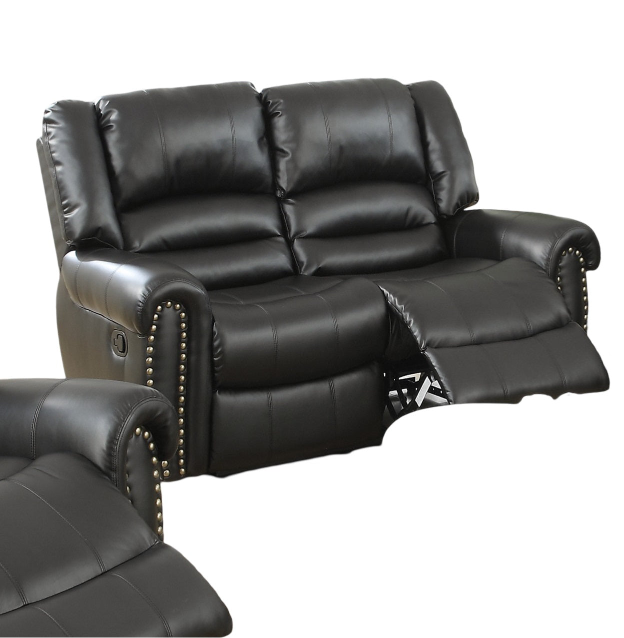 Modern 2pc Living Room Set 1x Loveseat 1x Recliner Cushion Backrest Nailhead Trim Black Finish Primary Living Room Furniture