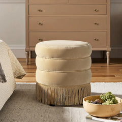Edward 17.5" Round Upholstered Ottoman with Bullion Fringe Fawn Brown Performance Velvet