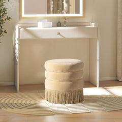Edward 17.5" Round Upholstered Ottoman with Bullion Fringe Fawn Brown Performance Velvet