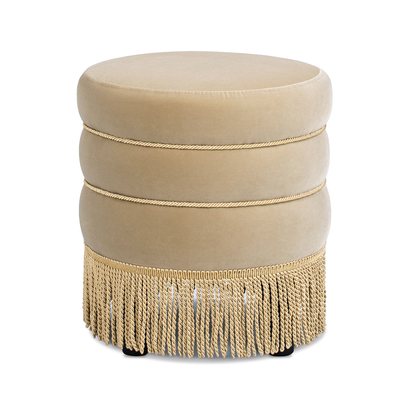 Edward 17.5" Round Upholstered Ottoman with Bullion Fringe Fawn Brown Performance Velvet