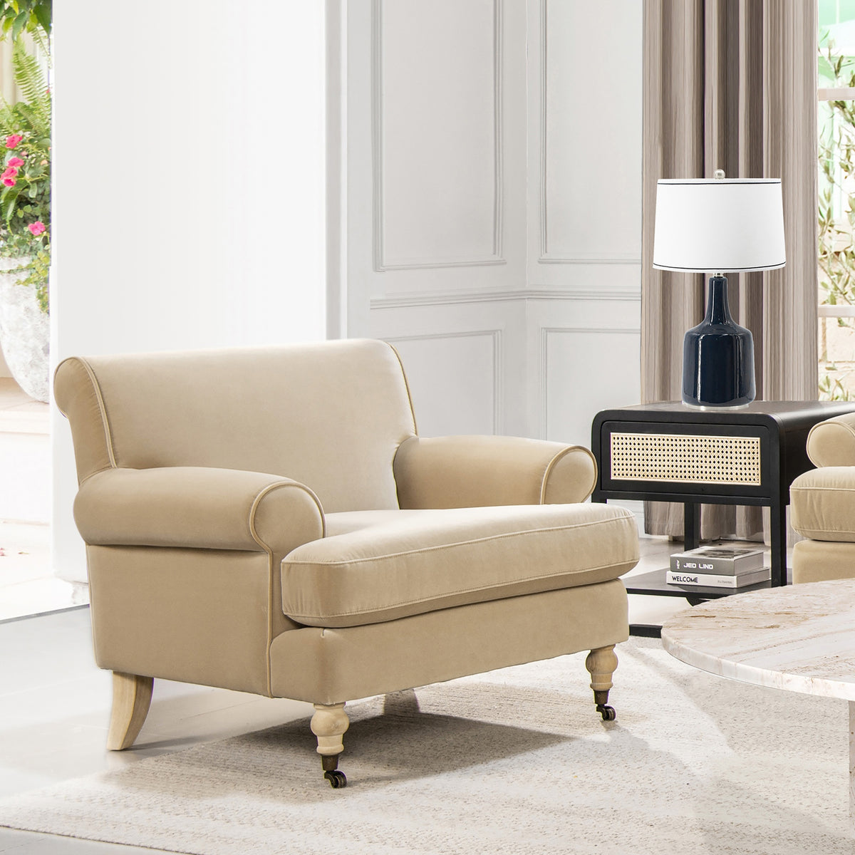 Alana 38" Lawson Accent Arm Chair Metal Casters, Fawn Brown Performance Velvet