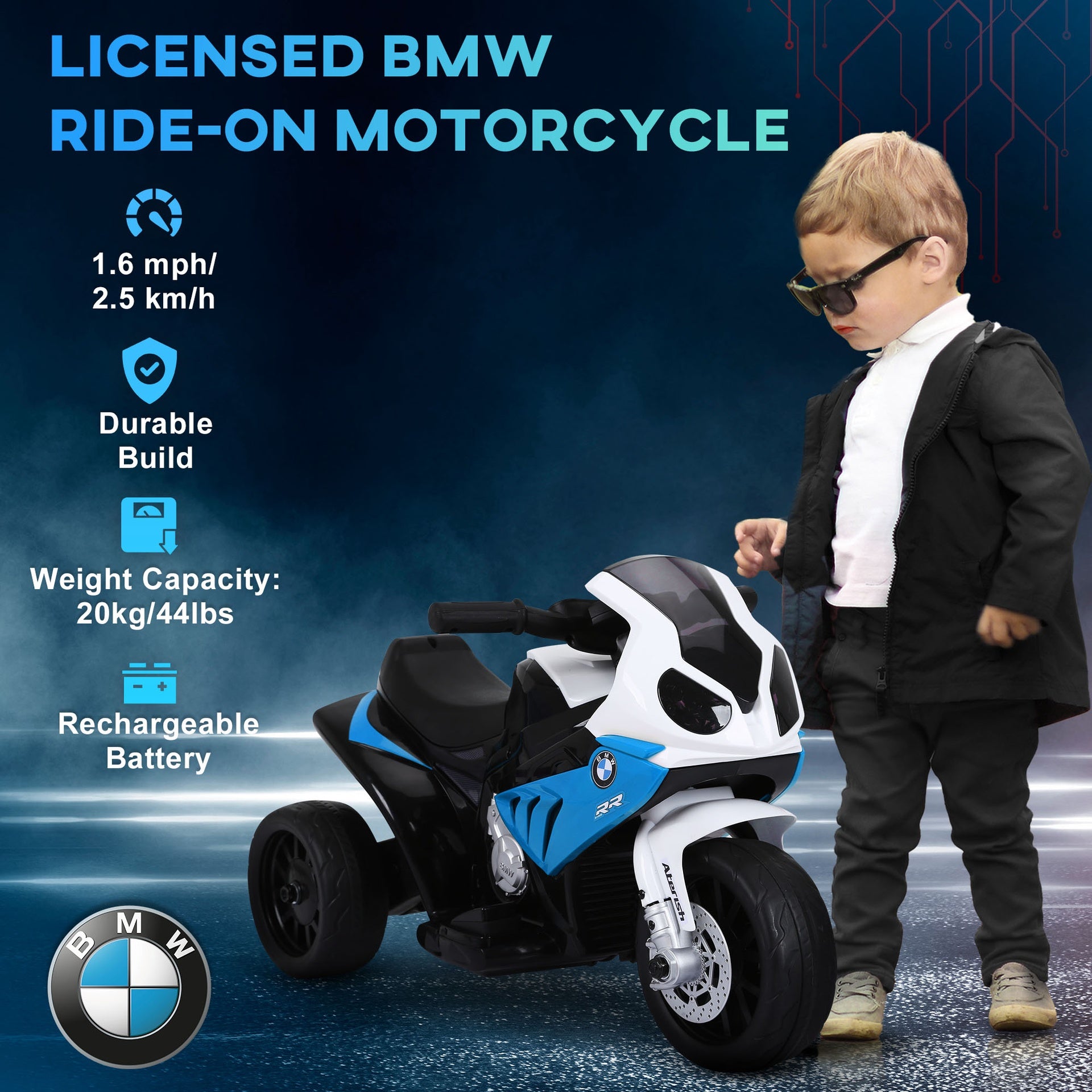 Aosom 6V Kids Motorcycle Licensed BMW, Toddler Motorcycle with Headlight, Music, 3 Wheeled Electric Motorcycle for Kids, Gift for Boys & Girls, Blue