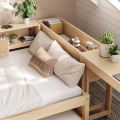 Twin Size Daybed With Trundle,Wood Daybed Frame with Storage Drawers,Side Shelves and Desk,Golden.
