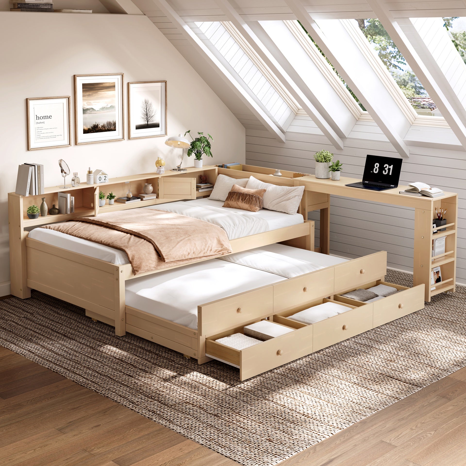 Twin Size Daybed With Trundle,Wood Daybed Frame with Storage Drawers,Side Shelves and Desk,Golden.