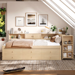 Twin Size Daybed With Trundle,Wood Daybed Frame with Storage Drawers,Side Shelves and Desk,Golden.