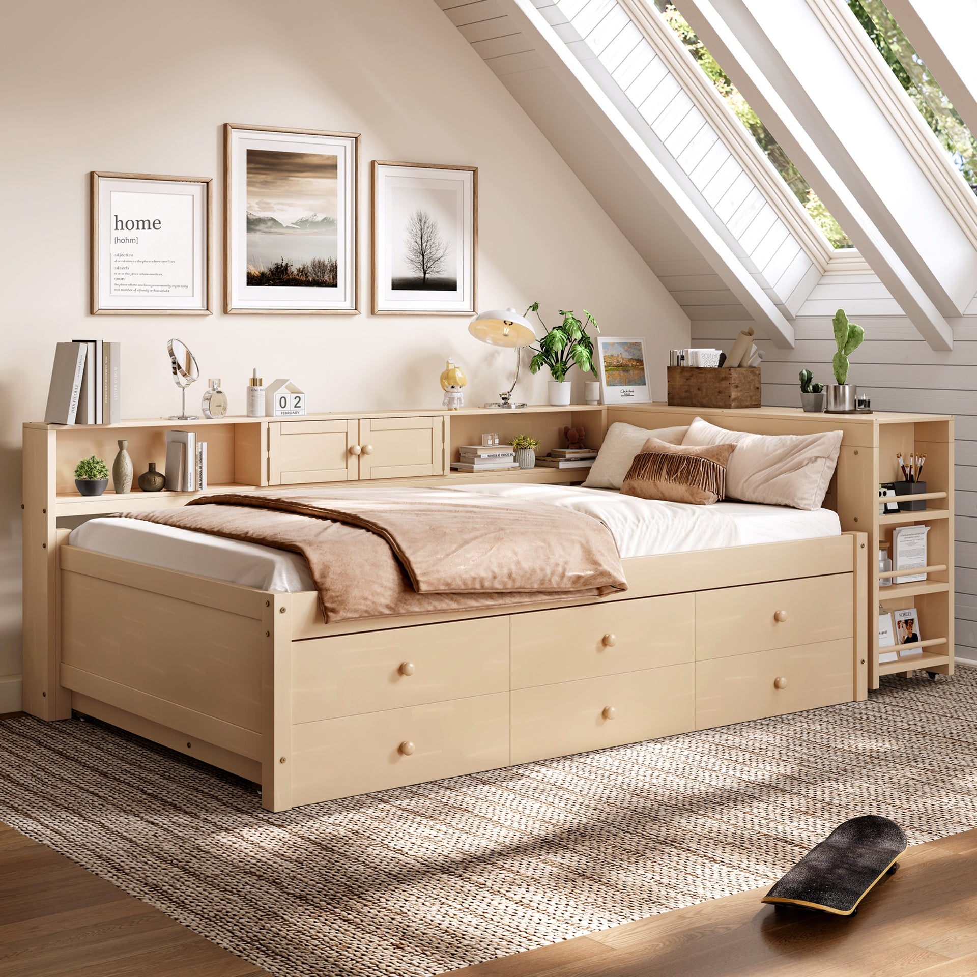 Twin Size Daybed With Trundle,Wood Daybed Frame with Storage Drawers,Side Shelves and Desk,Golden.