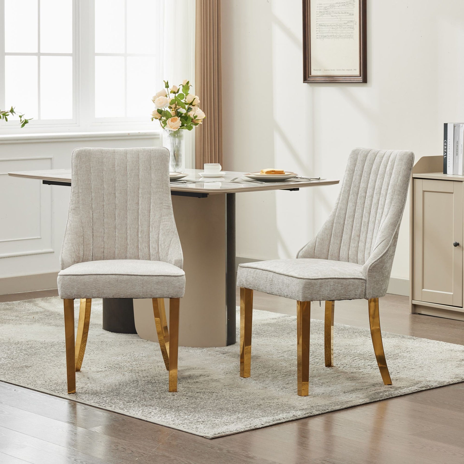 Rayon Cloth Flocking Chenille Dining Chairs Channel Kitchen Dinner Chair Comfy  Fabric Upholstered Accent Chair for Dining Room with Golden Stainless Steel Plating Legs,Set of 2 (Beige), SW1647BG