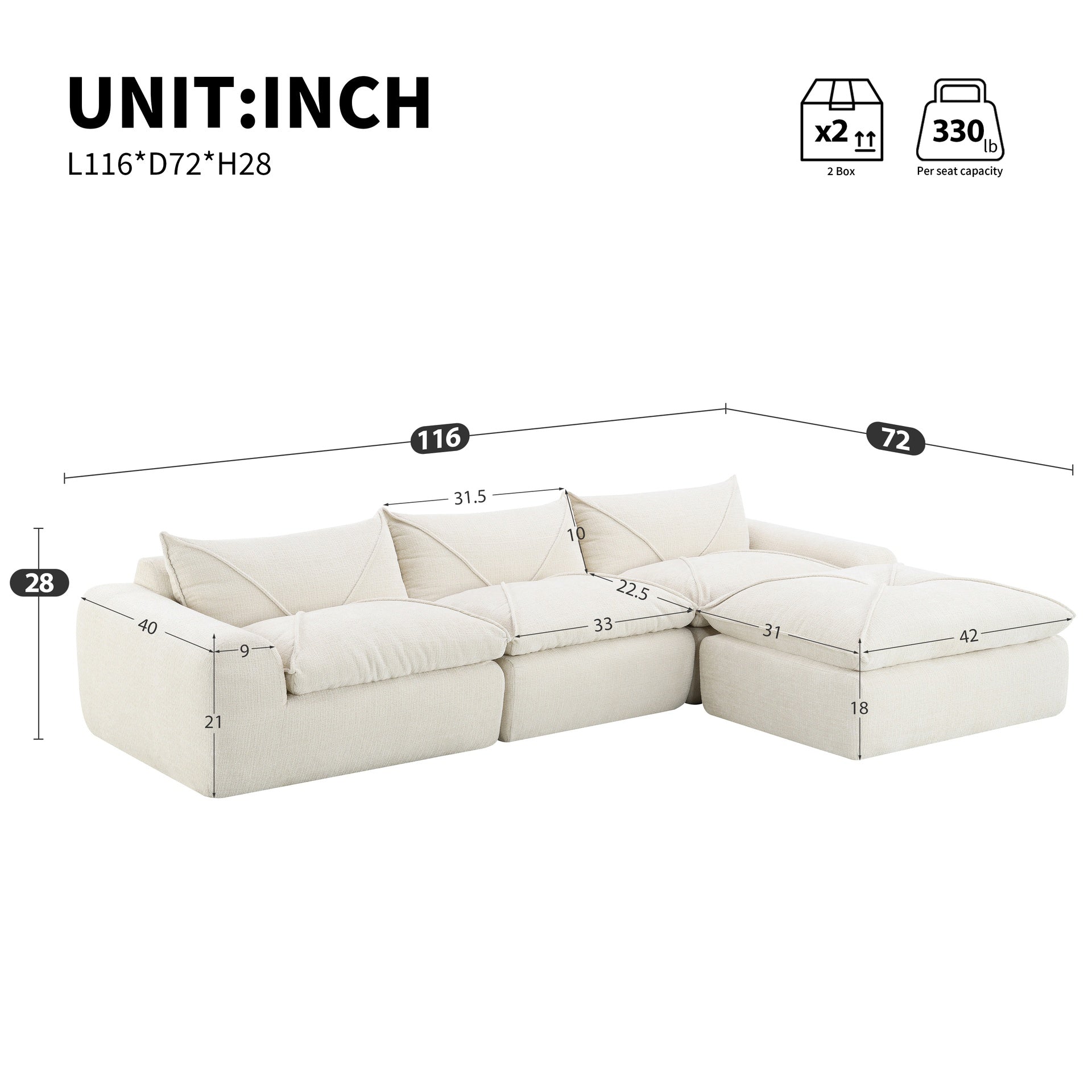 116'' Fully Compressed Sofa with High Density Foam, Integrated Backrest&Seat Cushion, Decorative Edging, Legless Design without Frame, No Assembly Required, Free Combination, Particle Chenille