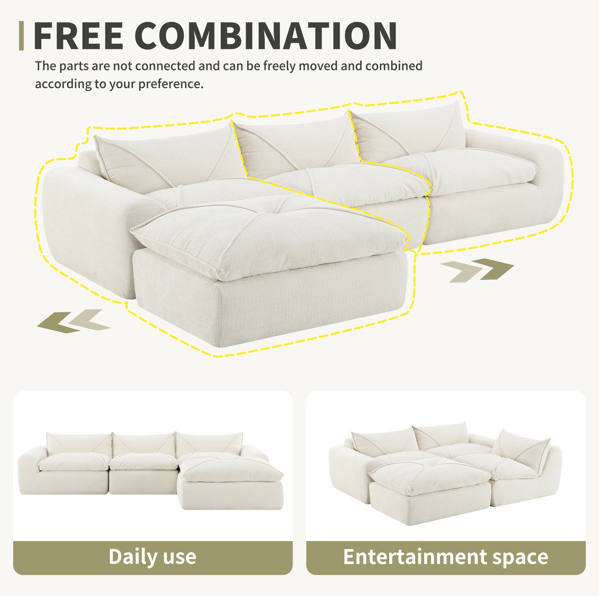 116'' Fully Compressed Sofa with High Density Foam, Integrated Backrest&Seat Cushion, Decorative Edging, Legless Design without Frame, No Assembly Required, Free Combination, Particle Chenille