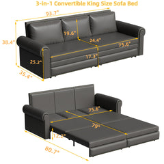 Chesterfield Sofa,93.7" King Pull Out Sofa Bed,3-in-1 Faux Leather Convertible Sleeper Sofa with Nailhead Trim & Rolled Arm,Multi-Functional Sofa Bed for Living Room,Bedroom(Old sku:W1885S00104)