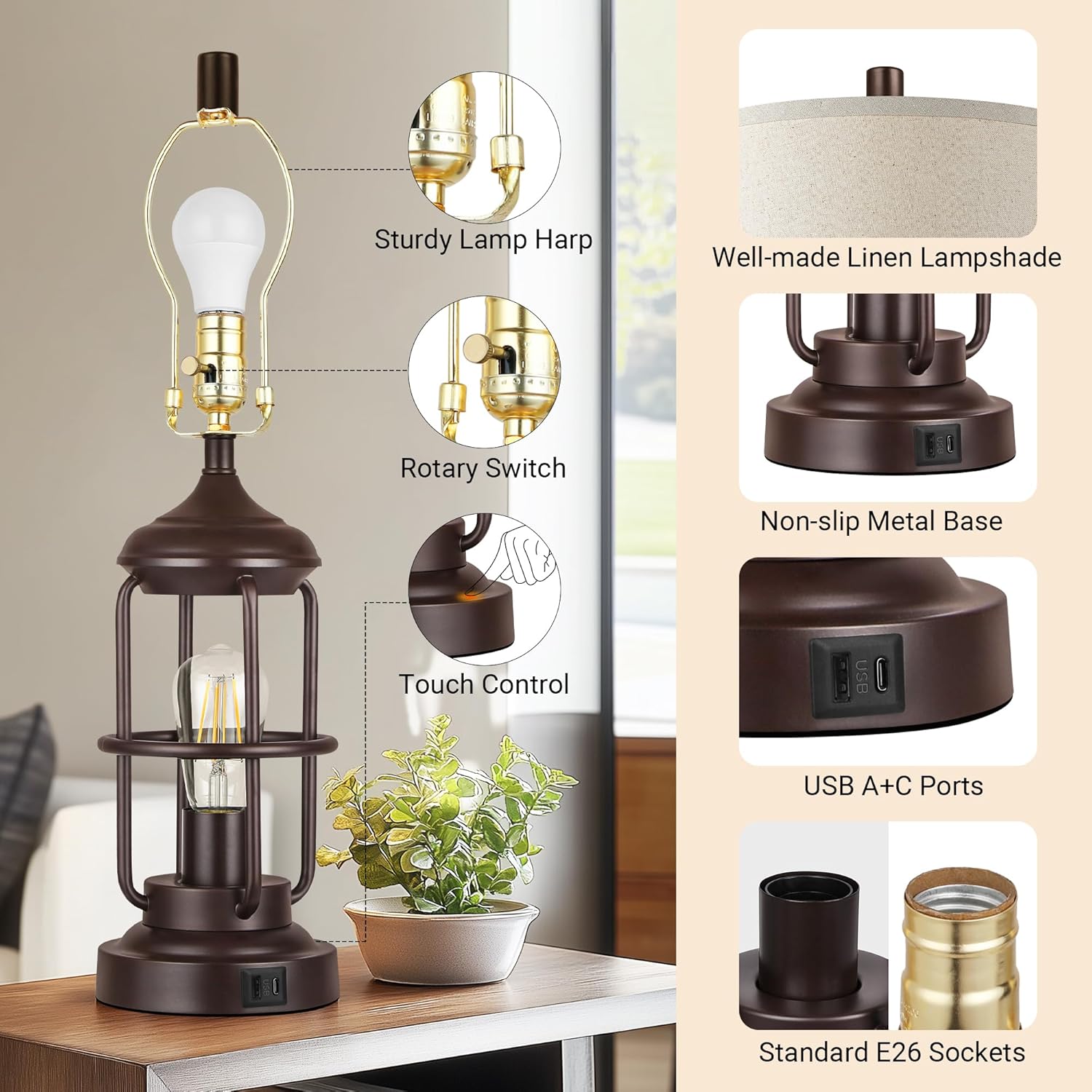 Table Lamp Set of 2 with USB Ports, Touch Control 3-Way Dimmable Bedside Lamp with 2 LED Night Light, Farmhouse Rustic Nightstand Lamp for Living Room Bedroom Decor (2700K Bulbs Included)