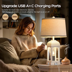 Table Lamp for Living Room, Farmhouse Lamps Set of 2 with USB A+C and Nightlight, 26" Rustic Bedside Lamps with 3-Way Dimmable, Touch Nightstand Lamp for Bedroom, White