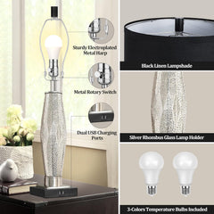 Table Lamps Set of 2, Bedroom Lamp with USB A+C Charging Ports, Modern Glass Beside Lamps for Living Room Rotary Switches, Black Nightstand Lamp Home Lights Decor (LED Bulbs Included)
