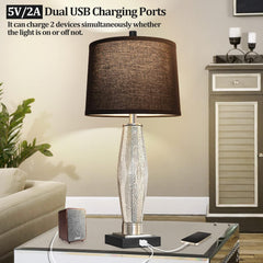 Table Lamps Set of 2, Bedroom Lamp with USB A+C Charging Ports, Modern Glass Beside Lamps for Living Room Rotary Switches, Black Nightstand Lamp Home Lights Decor (LED Bulbs Included)