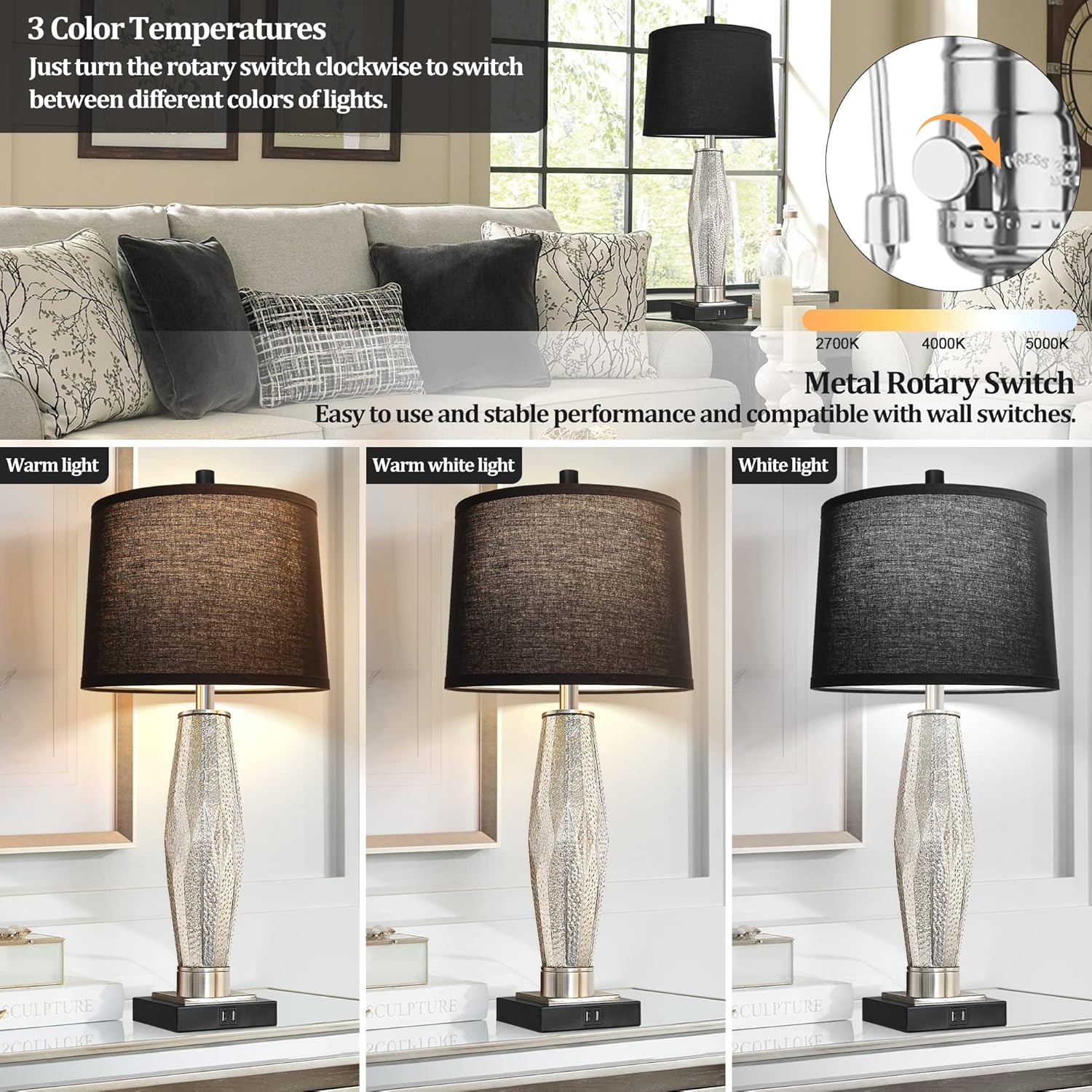 Table Lamps Set of 2, Bedroom Lamp with USB A+C Charging Ports, Modern Glass Beside Lamps for Living Room Rotary Switches, Black Nightstand Lamp Home Lights Decor (LED Bulbs Included)
