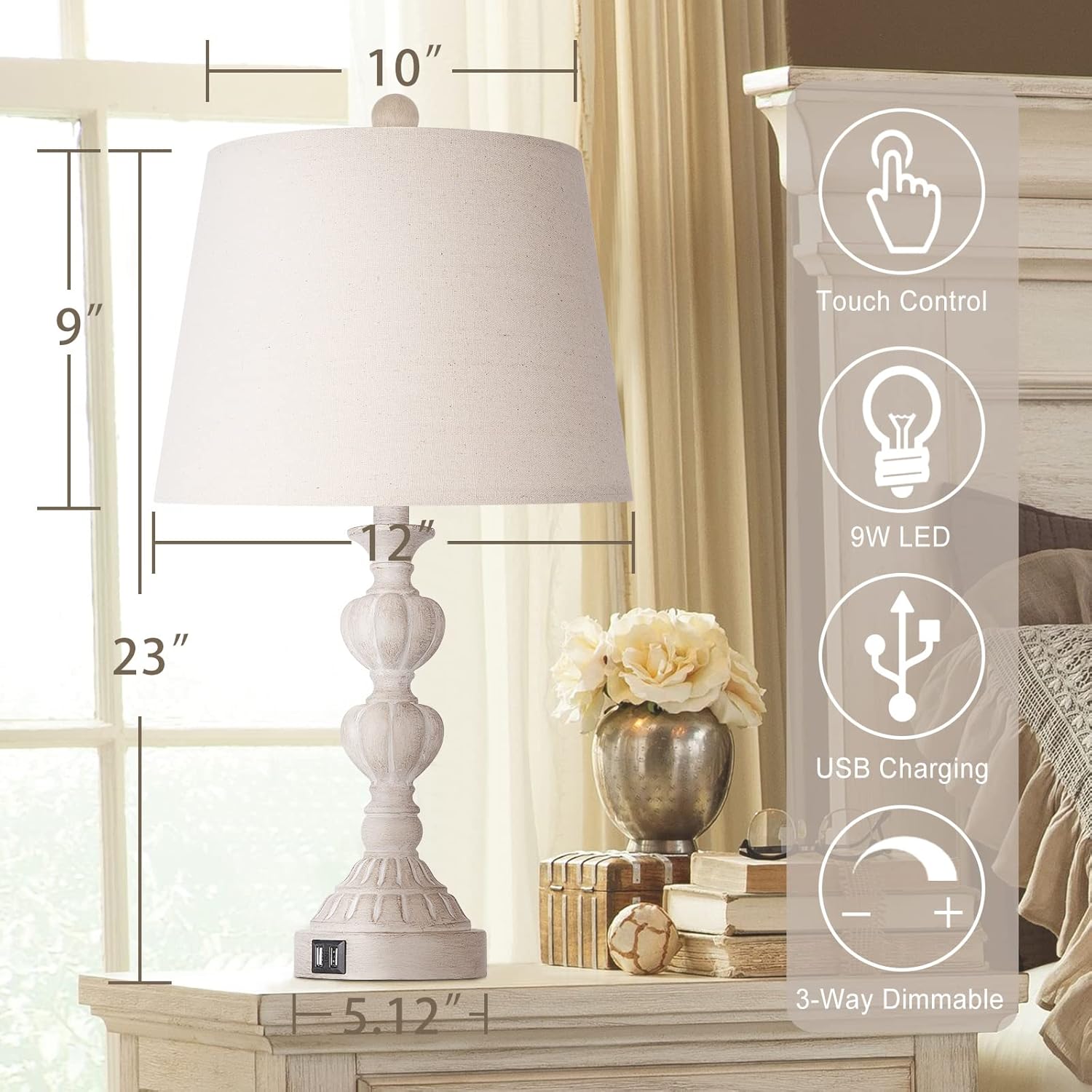 Touch Control Coastal Farmhouse Table Lamp Set of 2, 3-Way Dimmable Bedside Lamp with 2 USB Charging Ports, French Country Style Nightstand Lamp for Living Room, Bedroom - Washed White