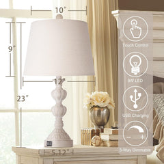 Touch Control Coastal Farmhouse Table Lamp Set of 2, 3-Way Dimmable Bedside Lamp with 2 USB Charging Ports, French Country Style Nightstand Lamp for Living Room, Bedroom - Washed White