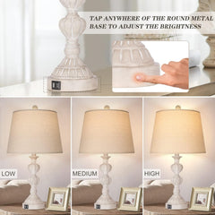 Touch Control Coastal Farmhouse Table Lamp Set of 2, 3-Way Dimmable Bedside Lamp with 2 USB Charging Ports, French Country Style Nightstand Lamp for Living Room, Bedroom - Washed White