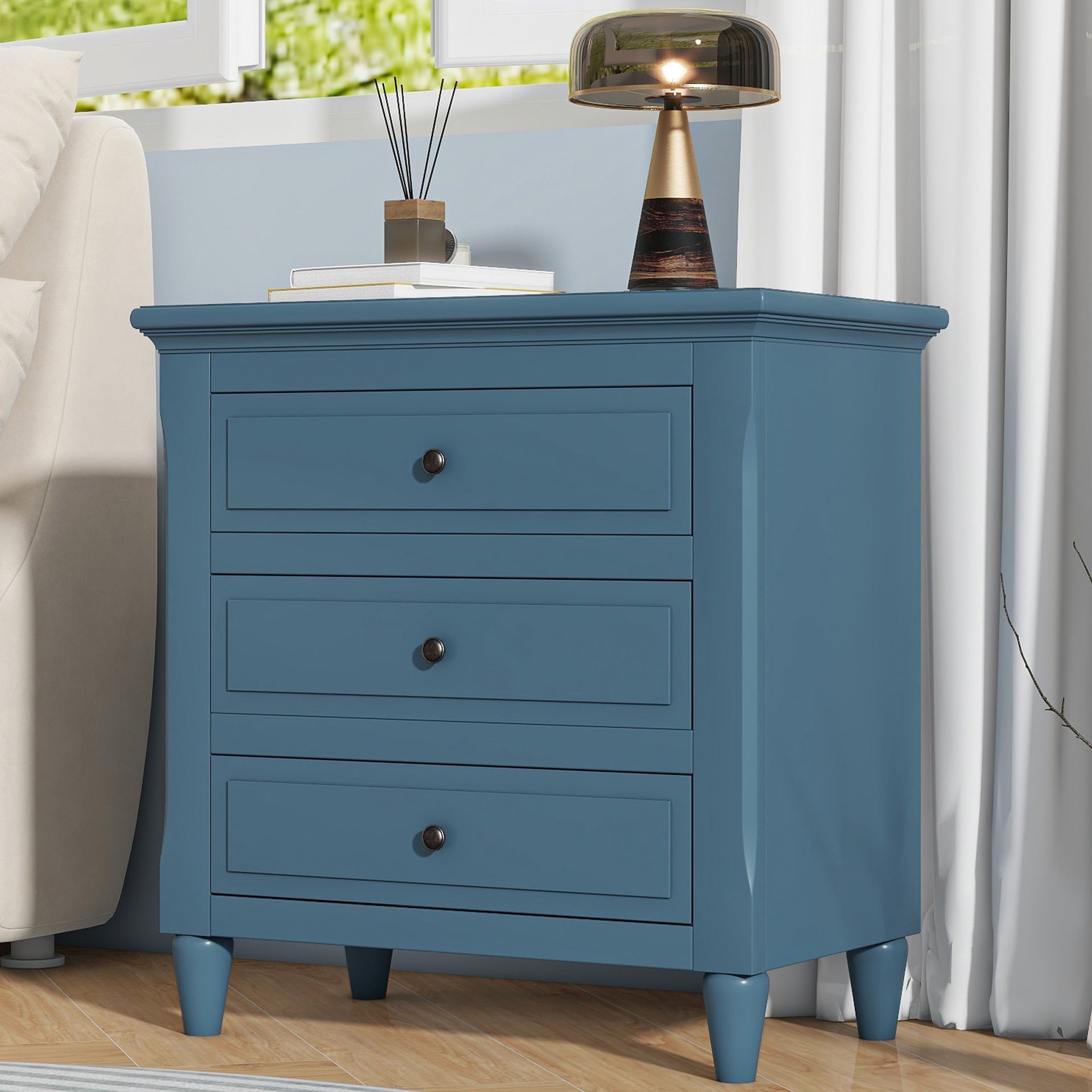 U_STYLE 28''Pine Wood Nightstand with 3 Drawers and Smooth Gliding Rails ,Simple Bedside Cabinet with Metal handle, Minimalist Sofa Side Table with rubber legs for Bedroom Sofa Couch Office