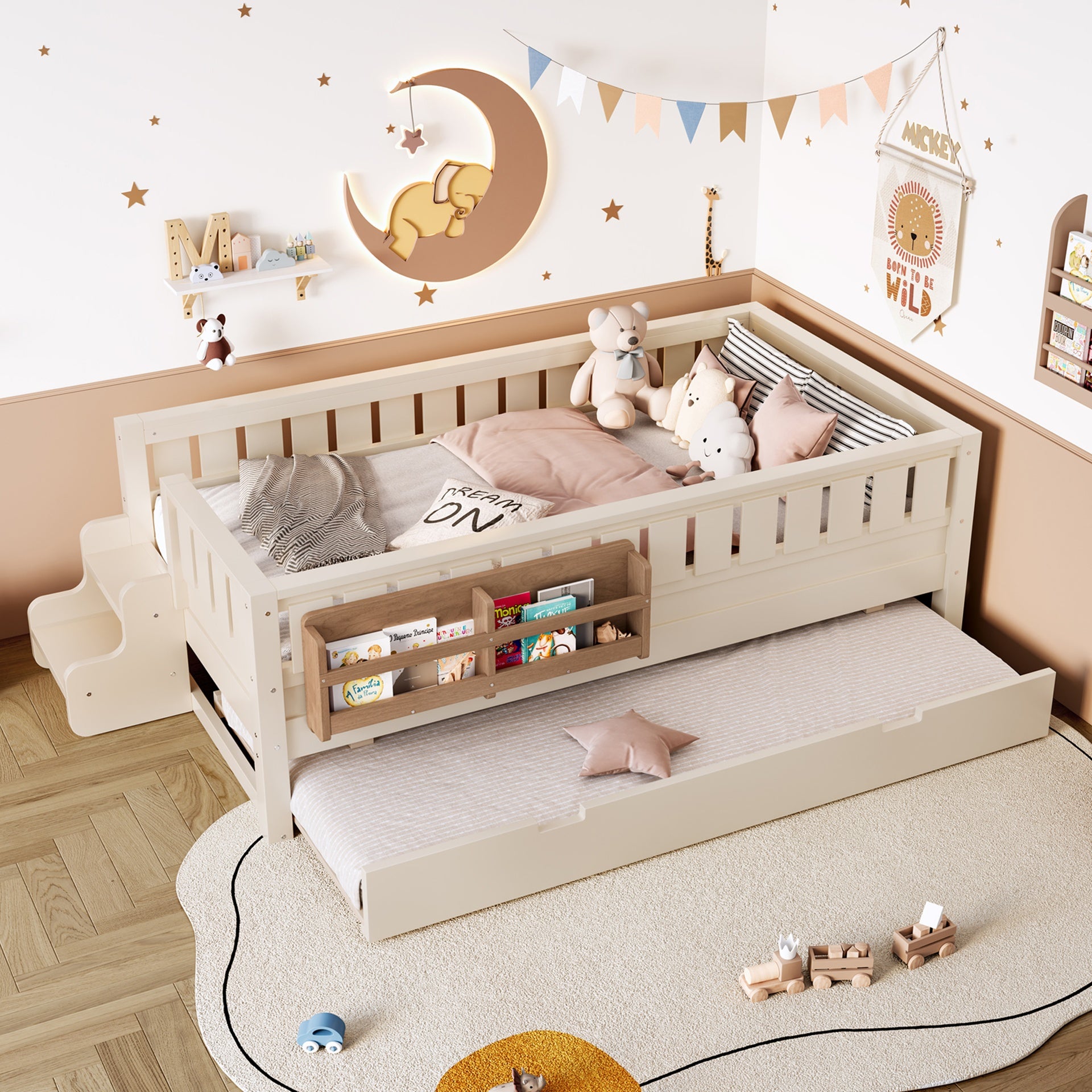 Twin with built-in bookshelves and small staircase, high-quality safety rails, and Trundle, Beige