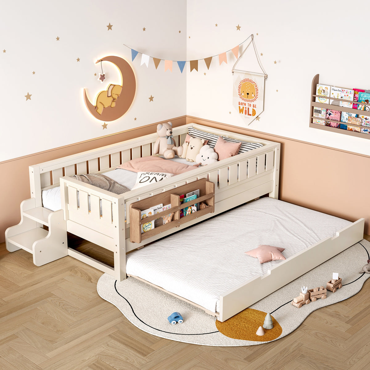 Twin with built-in bookshelves and small staircase, high-quality safety rails, and Trundle, Beige