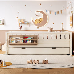 Twin with built-in bookshelves and small staircase, high-quality safety rails, and Trundle, Beige