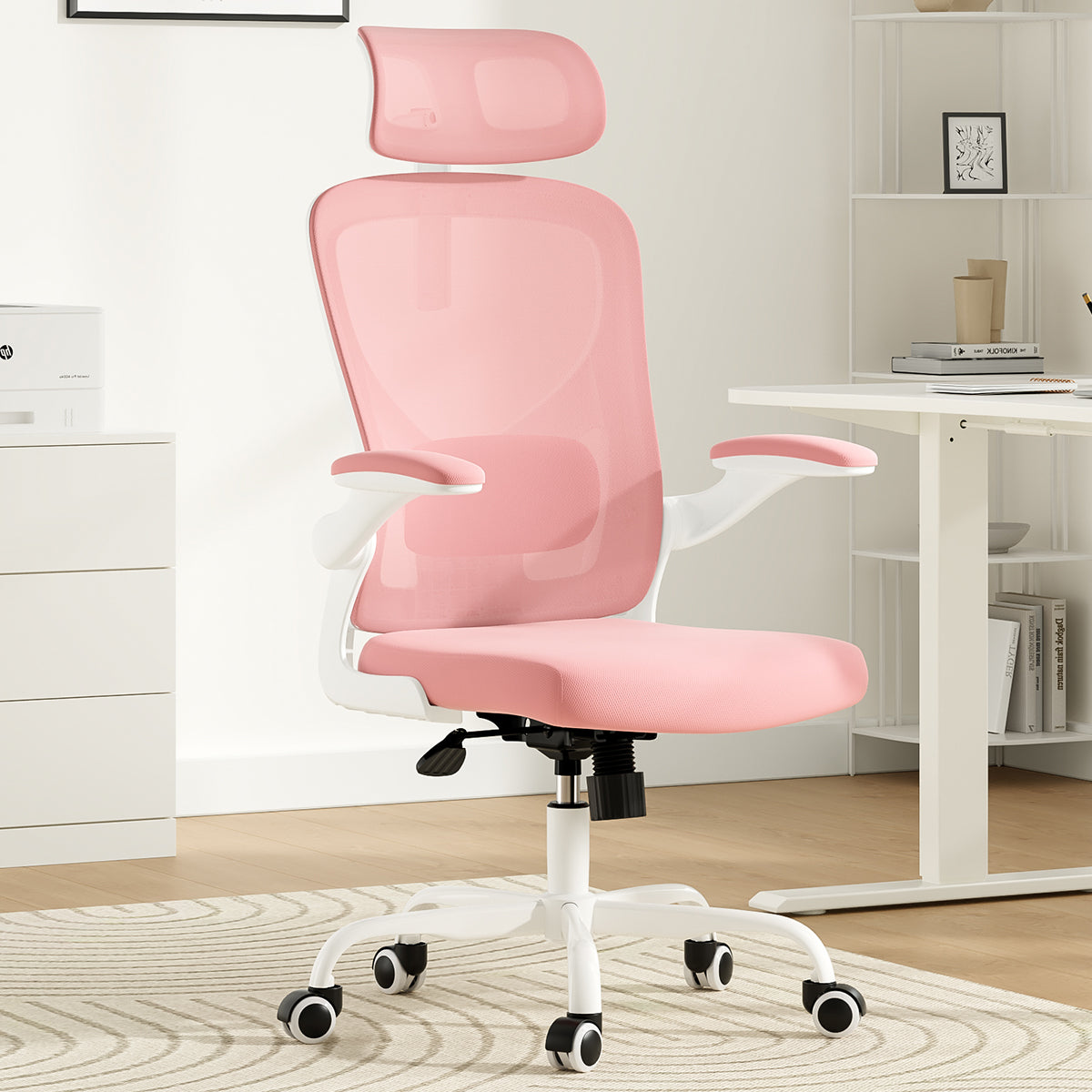 Ergonomic Office Chair, Home Office Desk Chair with Headrest, High Back Computer Chair with Armrests and Adjustable Lumbar Support for Home Office Study Room, White & Pink