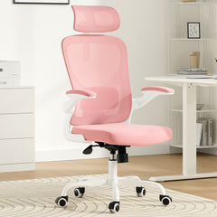 Ergonomic Office Chair, Home Office Desk Chair with Headrest, High Back Computer Chair with Armrests and Adjustable Lumbar Support for Home Office Study Room, White & Pink