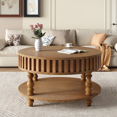 Farmhouse Fluted Coffee Table with Storage and Flip-Top Lids, Rustic Brown Center Table for Living Room with Spacious Hidden Storage, Sturdy Durable Solid Wood Legs