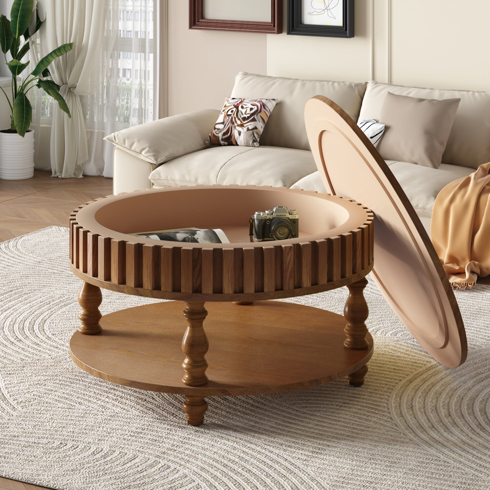 Farmhouse Fluted Coffee Table with Storage and Flip-Top Lids, Rustic Brown Center Table for Living Room with Spacious Hidden Storage, Sturdy Durable Solid Wood Legs