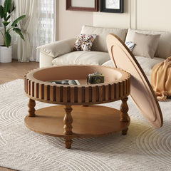 Farmhouse Fluted Coffee Table with Storage and Flip-Top Lids, Rustic Brown Center Table for Living Room with Spacious Hidden Storage, Sturdy Durable Solid Wood Legs