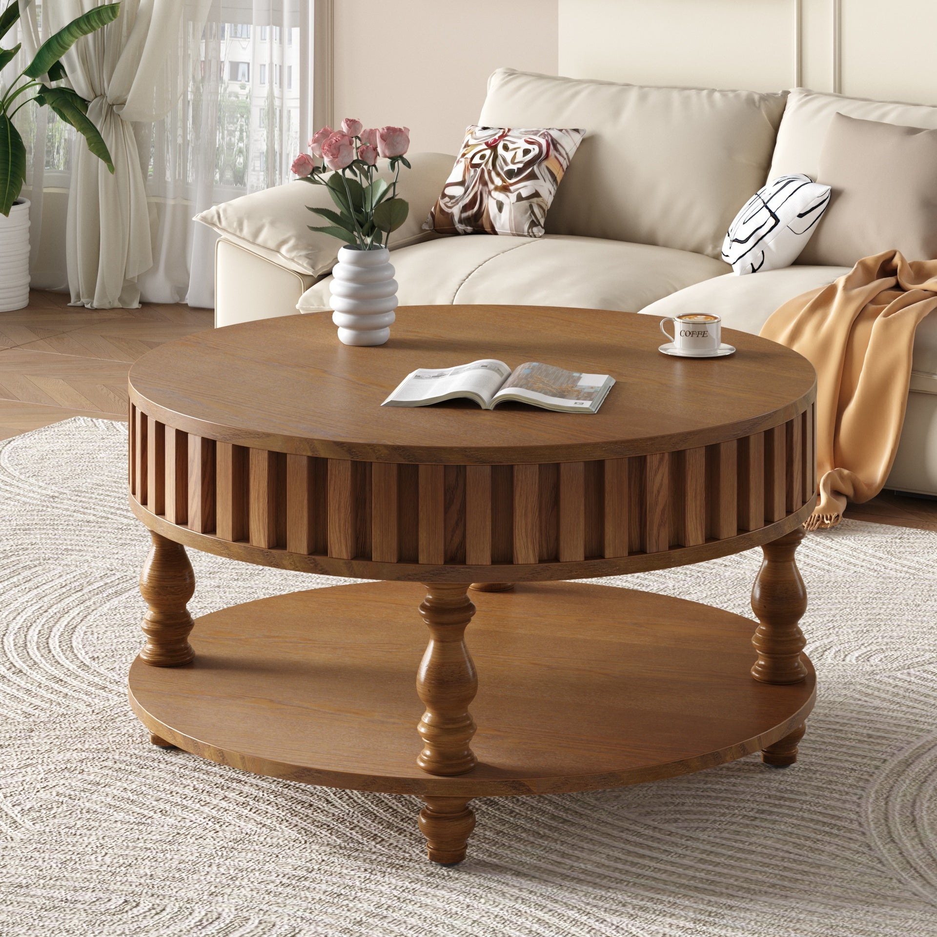 Farmhouse Fluted Coffee Table with Storage and Flip-Top Lids, Rustic Brown Center Table for Living Room with Spacious Hidden Storage, Sturdy Durable Solid Wood Legs