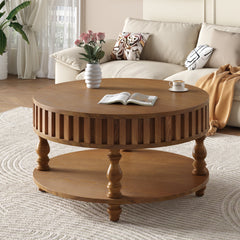 Farmhouse Fluted Coffee Table with Storage and Flip-Top Lids, Rustic Brown Center Table for Living Room with Spacious Hidden Storage, Sturdy Durable Solid Wood Legs