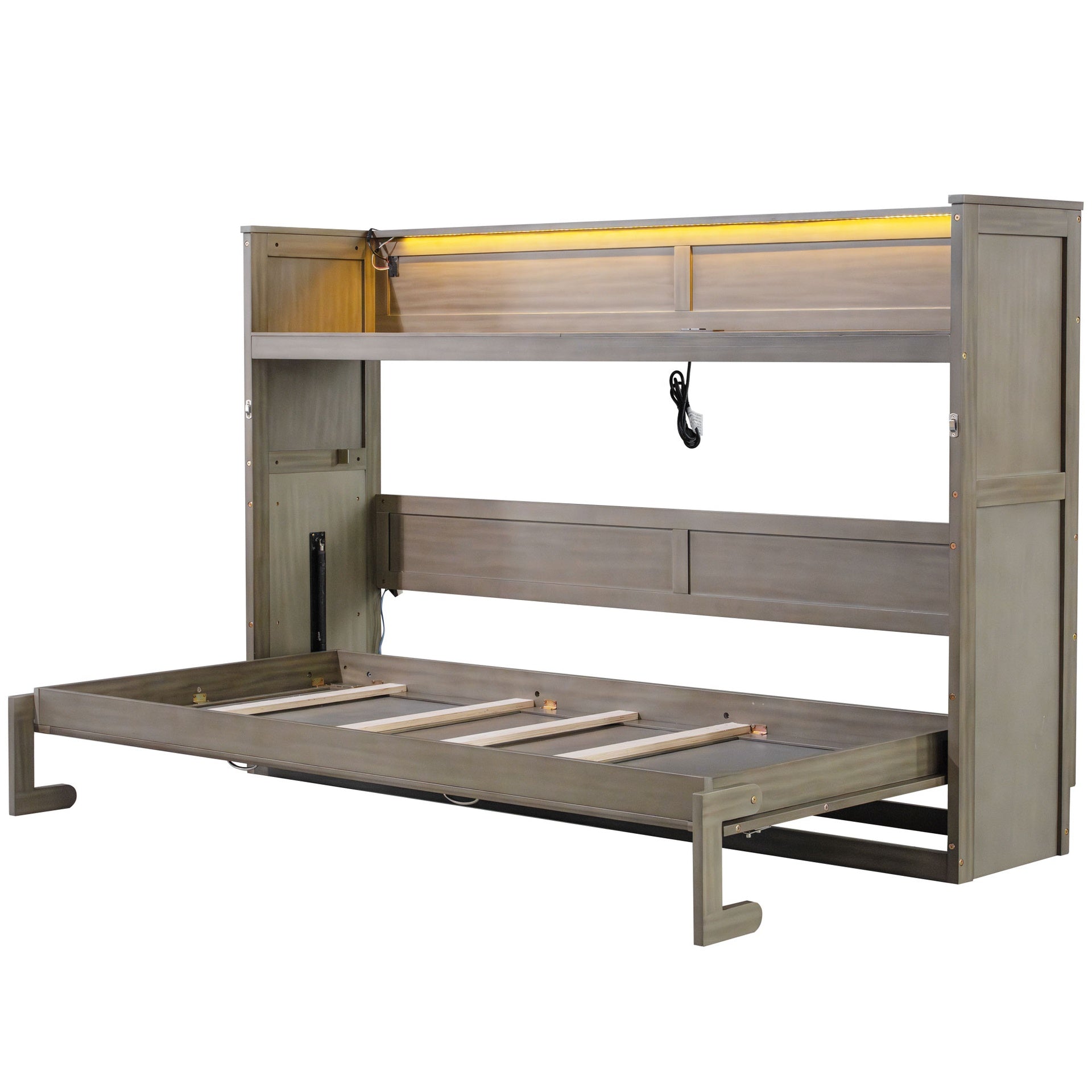 Twin XL Size Murphy Bed with Desk,LED Light and USB Charging Station,Gray Wash