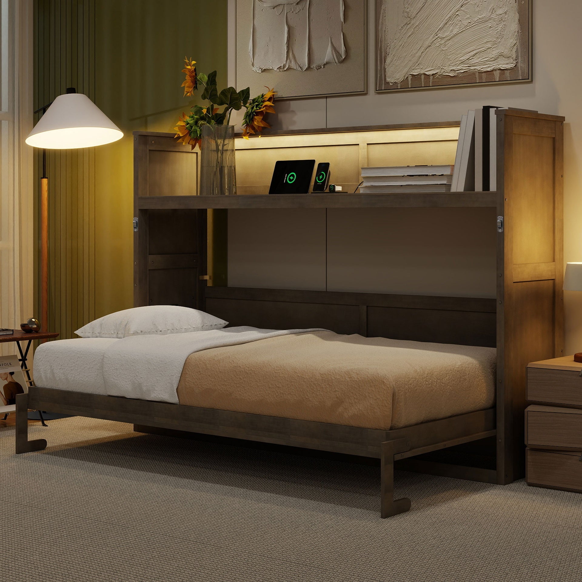 Twin XL Size Murphy Bed with Desk,LED Light and USB Charging Station,Gray Wash