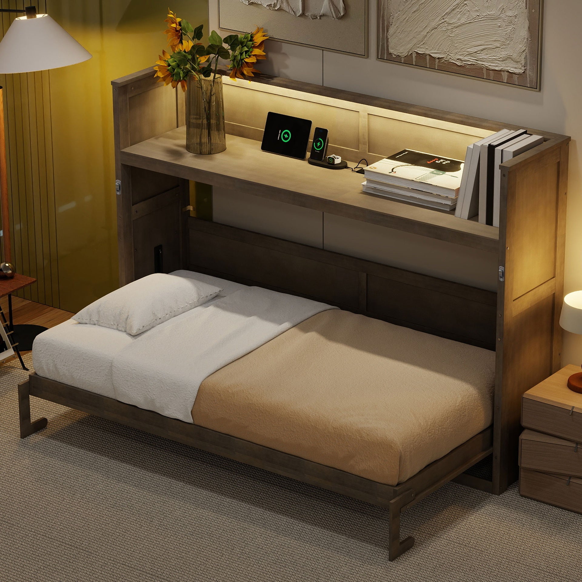 Twin XL Size Murphy Bed with Desk,LED Light and USB Charging Station,Gray Wash