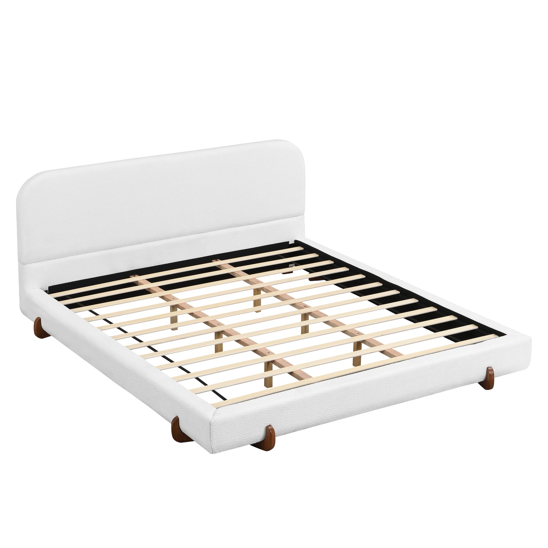 Unique Design, White Fabric and Solid Wood Legs Upholstered Bed Frame,California King