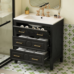 30'' Bathroom Vanity with Ceramic Sink Combo, Free Standing Single Vanity Set with 3 Drawers, Solid Wood Frame Bathroom Storage Cabinet, Black