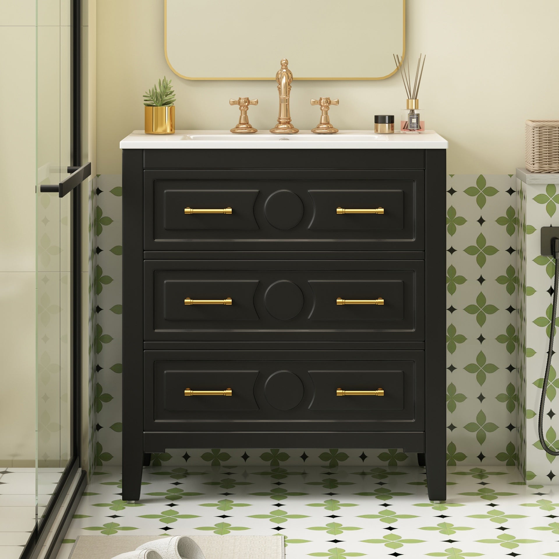 30'' Bathroom Vanity with Ceramic Sink Combo, Free Standing Single Vanity Set with 3 Drawers, Solid Wood Frame Bathroom Storage Cabinet, Black