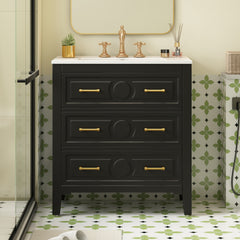 30'' Bathroom Vanity with Ceramic Sink Combo, Free Standing Single Vanity Set with 3 Drawers, Solid Wood Frame Bathroom Storage Cabinet, Black