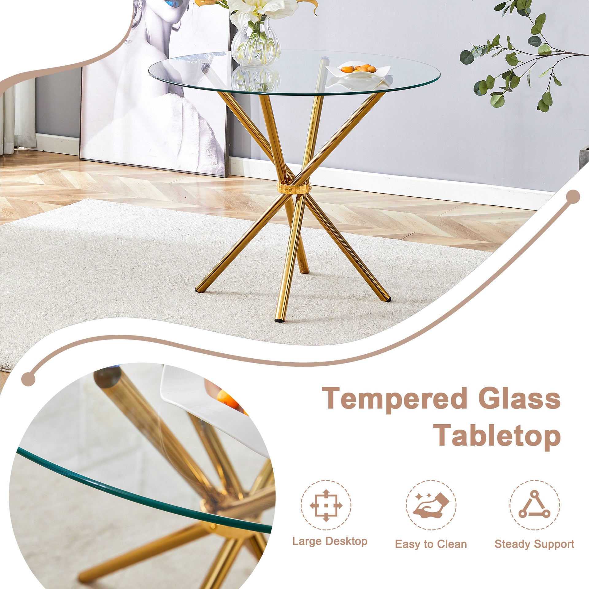 Round clear glass dining table with a unique shape for 4-6 people, with ring-shaped gathered gold metal legs, suitable for desks, kitchens, terraces, dining rooms. W1151P208338